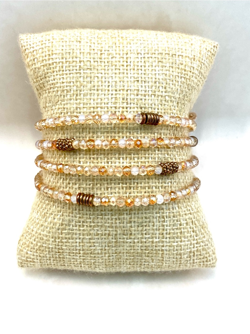 Gold Crystal Memory Wire Wrap Bracelet Amber Faceted Bead Stacked Cuff MultiRow